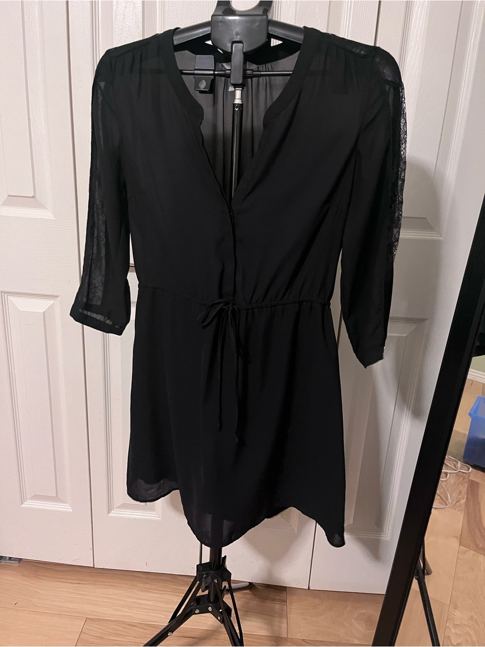 H&M Black Long-Sleeve V-Neck Drawstring Waist Dress
